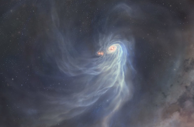 Artist representation of the triple protostars, IRAS 04239+2436.