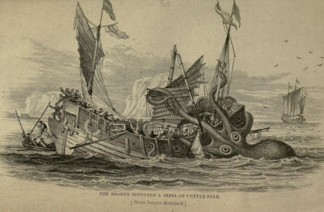 Drawing of Kraken sea monster attacking a ship