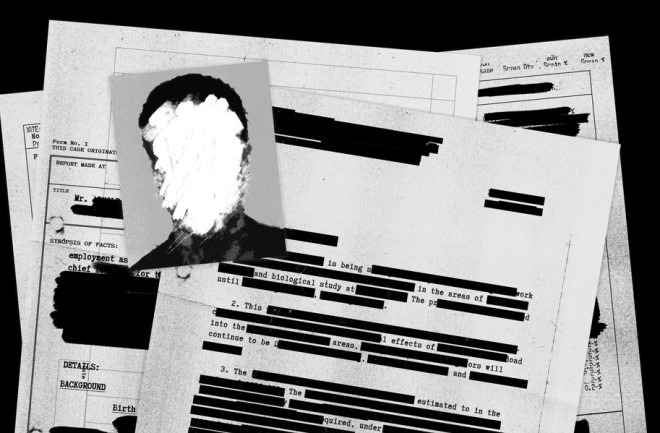  Redacted document montage including head shot with photocopy textures and black background