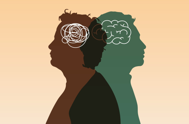 A silhouette on a yellow background of two human heads, one with a tangled brain. Mental health concept of empathy overload