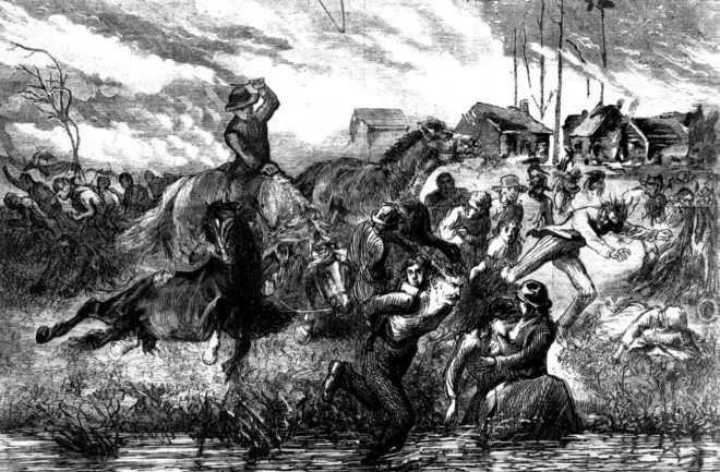 Drawing of the Peshtigo Fire, showing people seeking refuge in the Peshtigo River